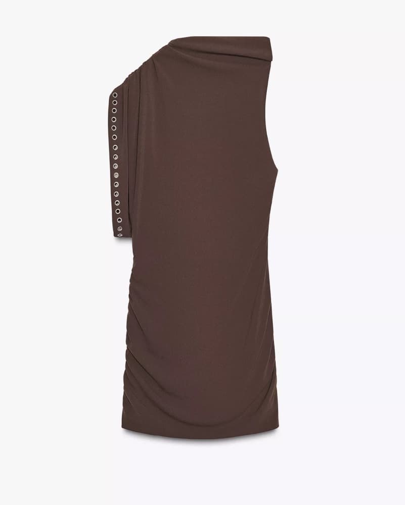 Asymmetric Brown One Sleeve Mini Dress - Image 4