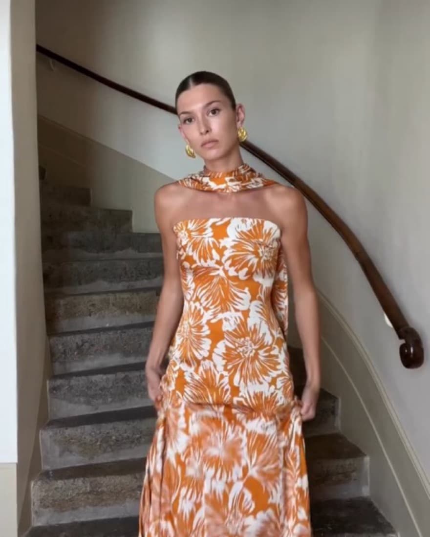 Floral Gown with Neck Tie Scarf - Image 1