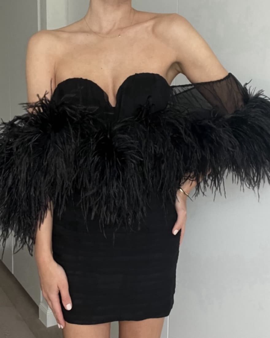 MAGDA BUTRYM BLACK FEATHER MINI DRESS - Image 1