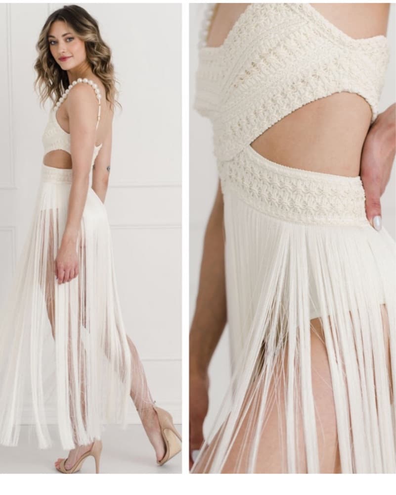 Patbo White Fringe Pearl Strap Dress XXS - Image 2