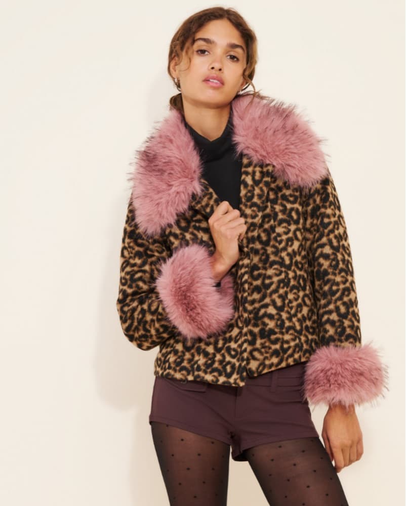 Leopard Print Jacket with Pink Fur Cuffs - Image 1