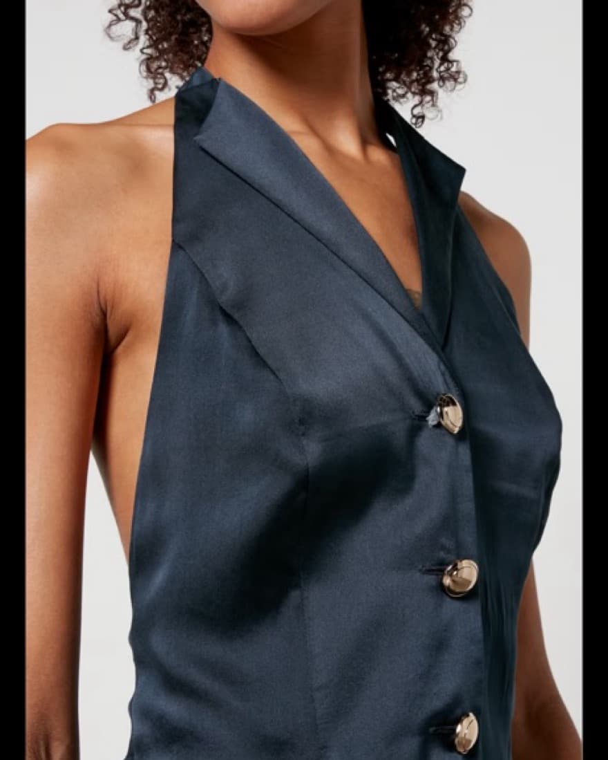 Rixo Estella Navy Satin Midi-Dress - Image 2