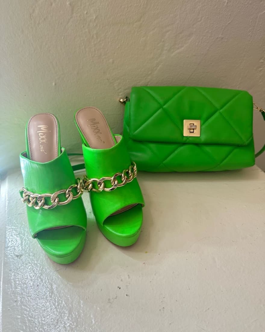 Lime Green Chain Heels W/ Green purse  - Image 2