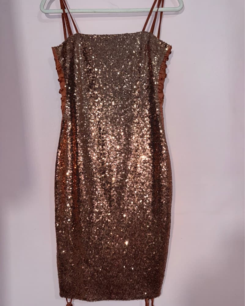 Rose Gold Sequin Lace Up Mini Dress - Image 2