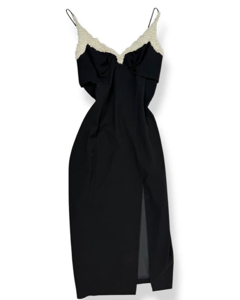 Vintage 1980s Black and Pearl Midi Dress - Image 4