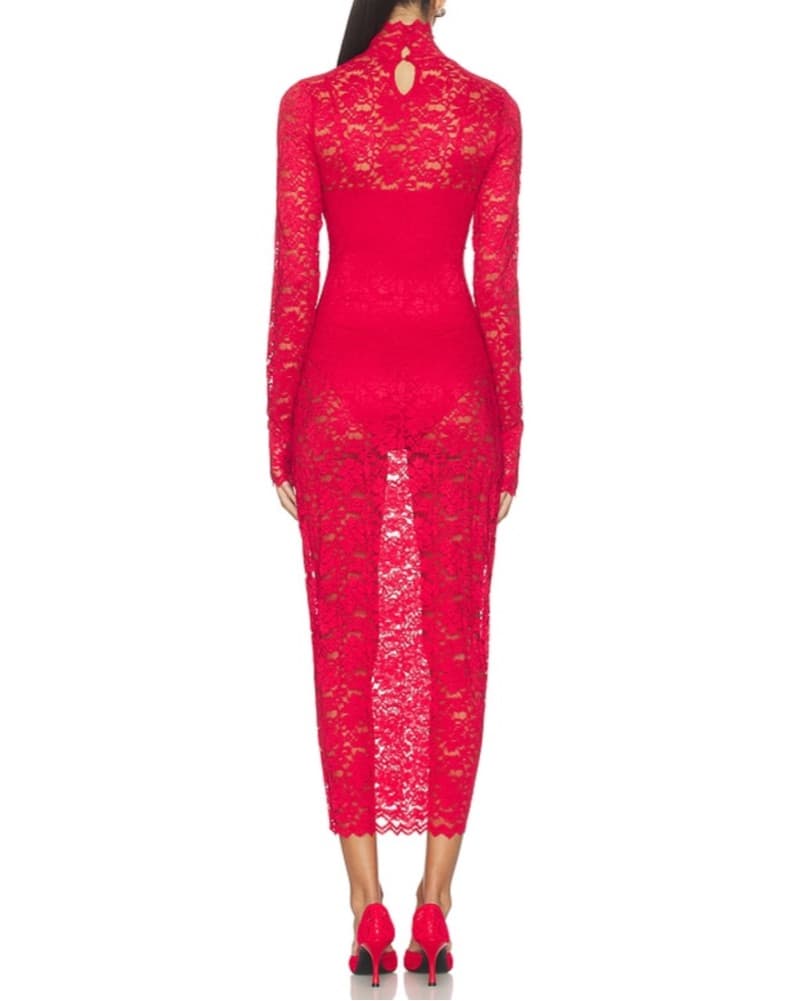 Lace Mock Neck Fitted Dress With Bodysui - Image 3