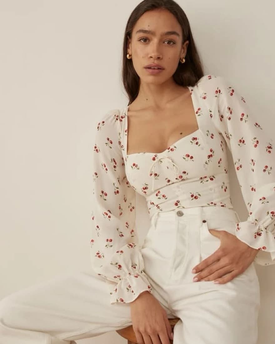 Reformation Cherry Puff Sleeve Blouse - Image 2