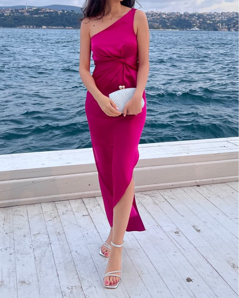 Pink Fuchsia Satin Midi Dress - Image 3