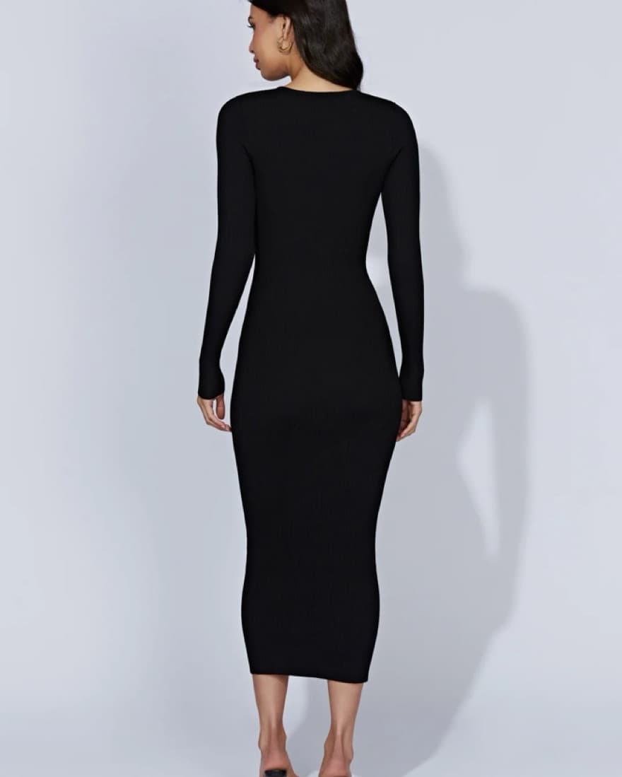 Black  Long Sleeve Knit  Midi Dress  - Image 2