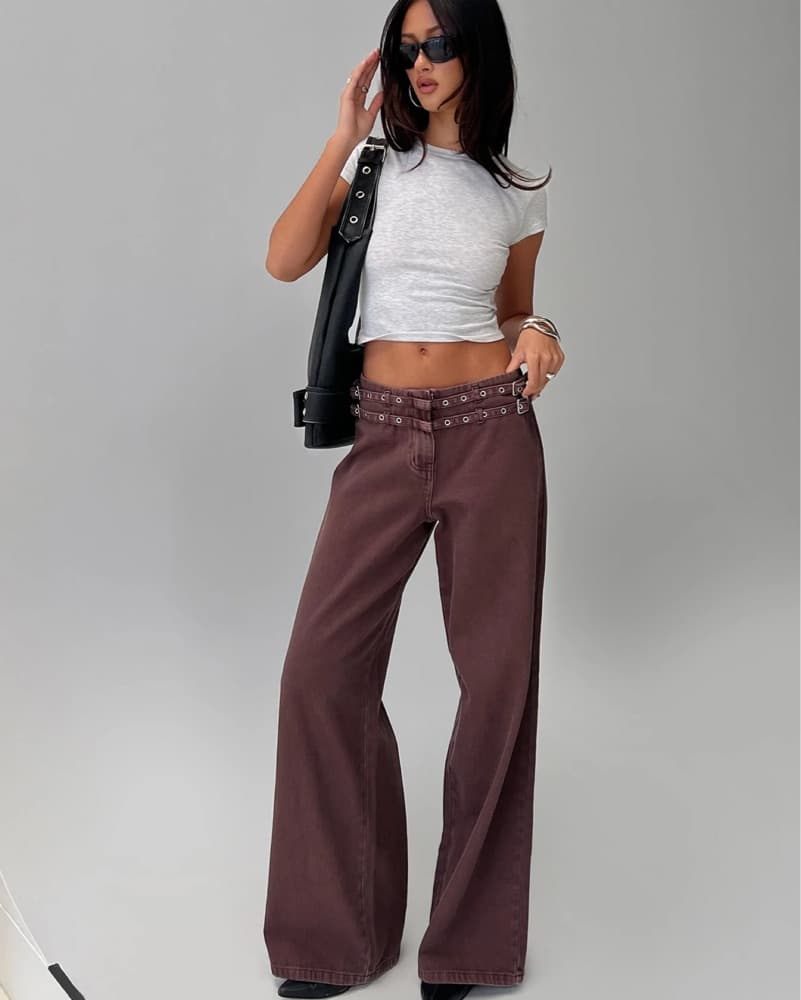 Chocolate Baggy Denim W Double Belts - Image 2