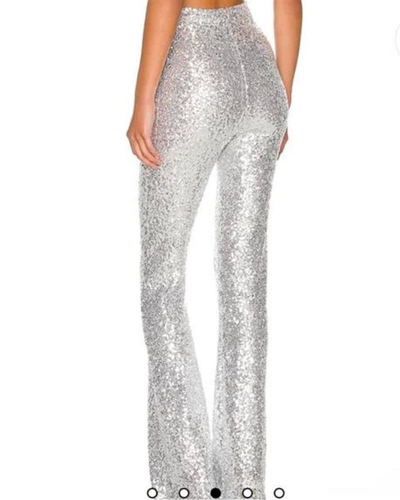 Shimmering Silver Sequin Flare Pants - Image 2