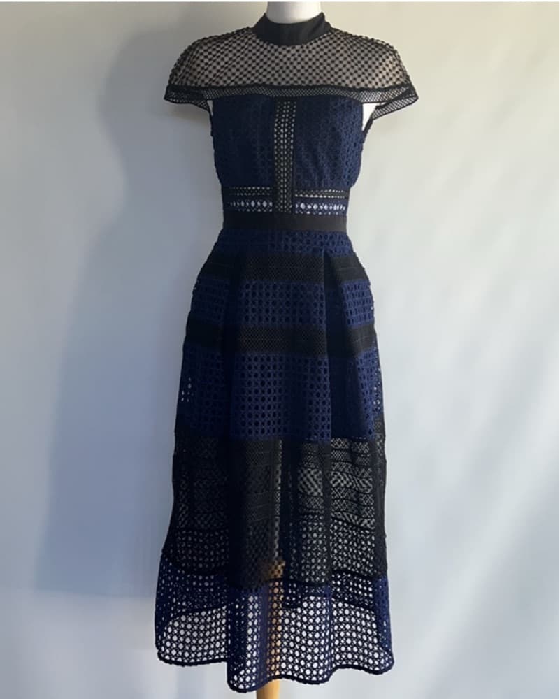Self Portrait Midi Navy And Black Dress - Image 2