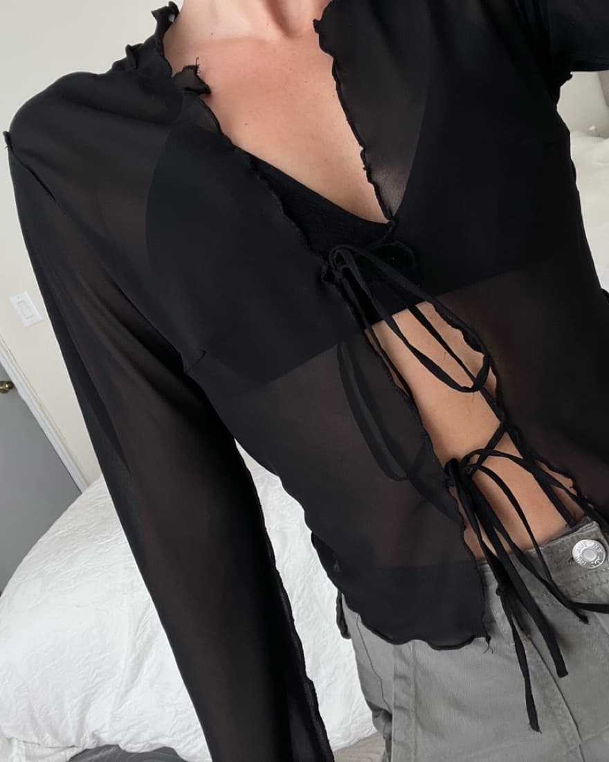 Sheer Black Tie Front Top - Image 3