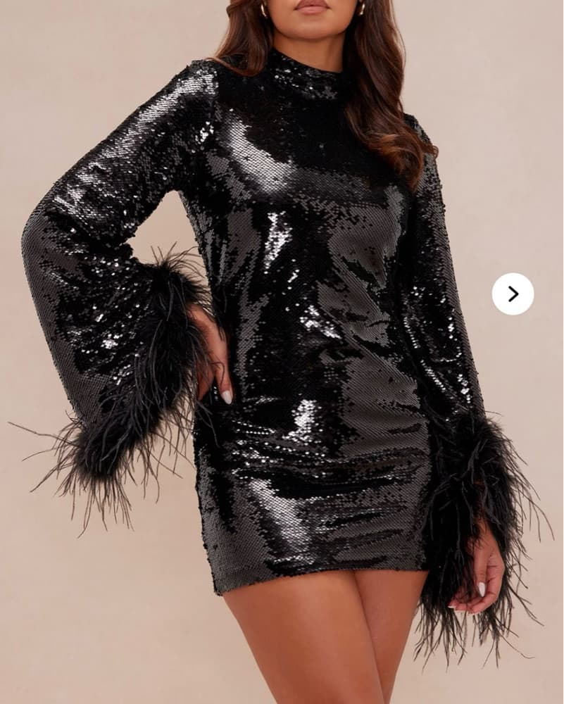 Elegant Sequined Dress with Feather Accents - Image 3