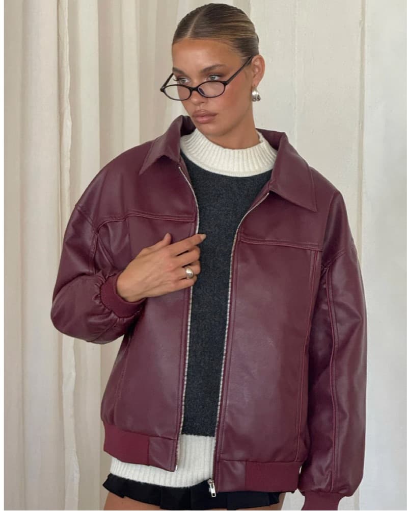 Maroon Faux Leather Bomber Jacket Bur - Image 2