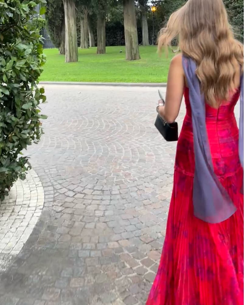 Red Floral Pleated Gown - Image 5