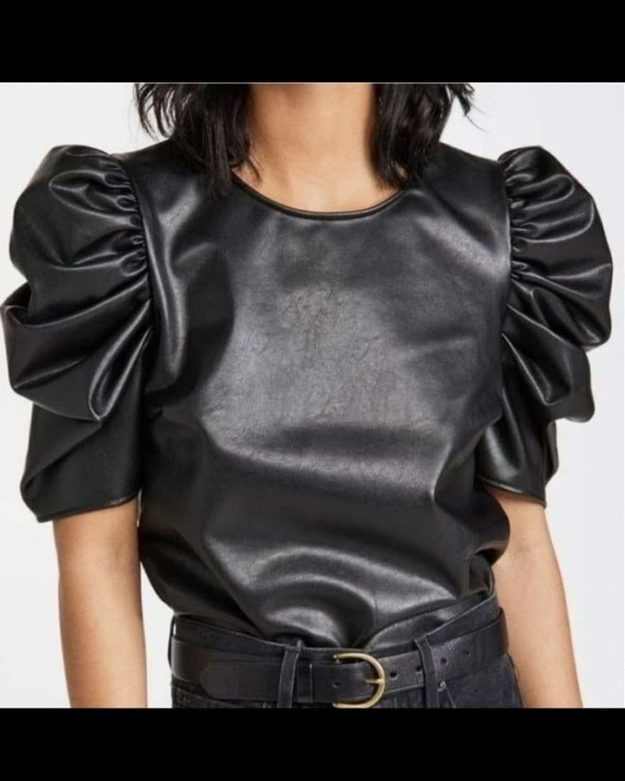 Cinq A Sept Leather Puff Sleeve Top - Image 3