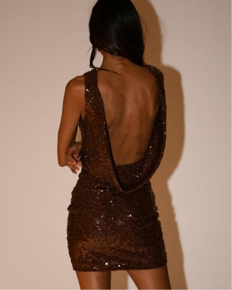 Brown Sequin Mini Dress - Image 3