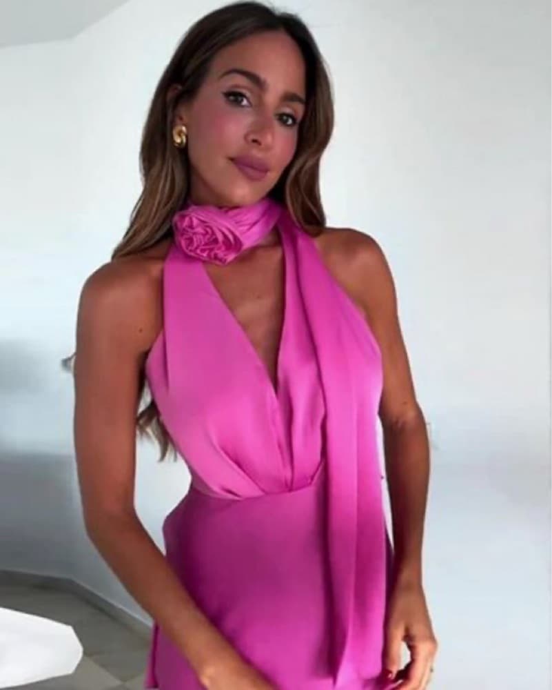 Pink Halter Midi Dress w Flower Scarf - Image 4