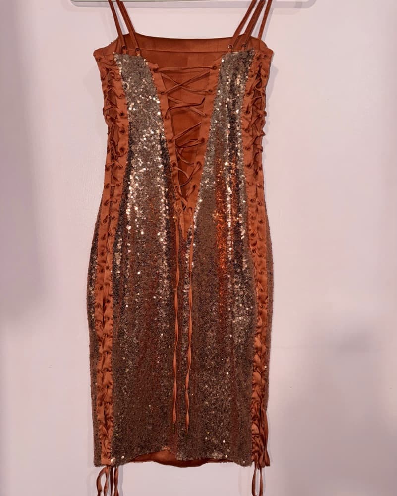 Rose Gold Sequin Lace Up Mini Dress - Image 4