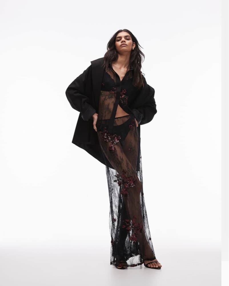 Black Lace Sequin Maxi Skirt Set - Image 3