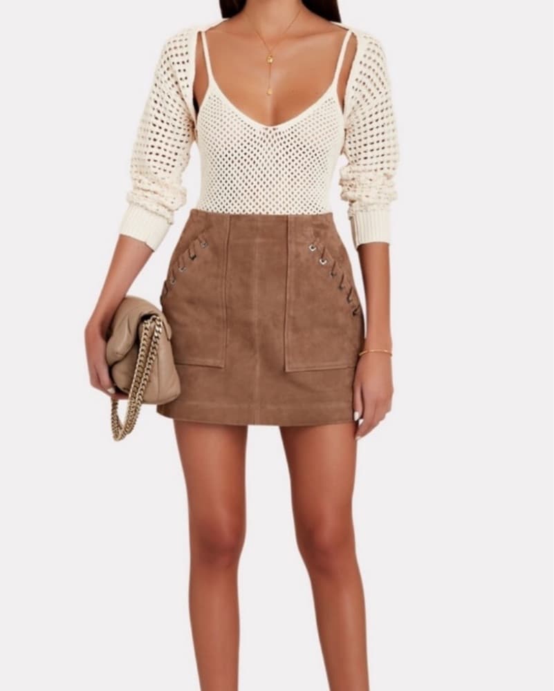 Chic Mesh Sweater and Suede Skirt Set - Image 5