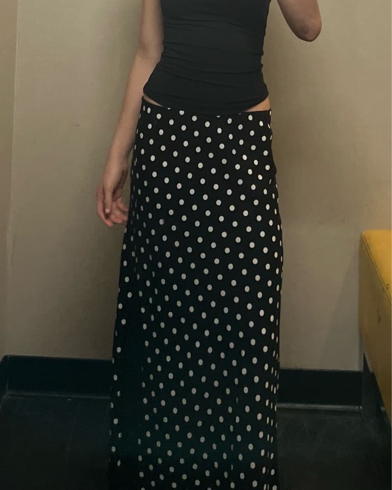 Polka Dot Maxi Skirt With Lace Slit  - Image 1