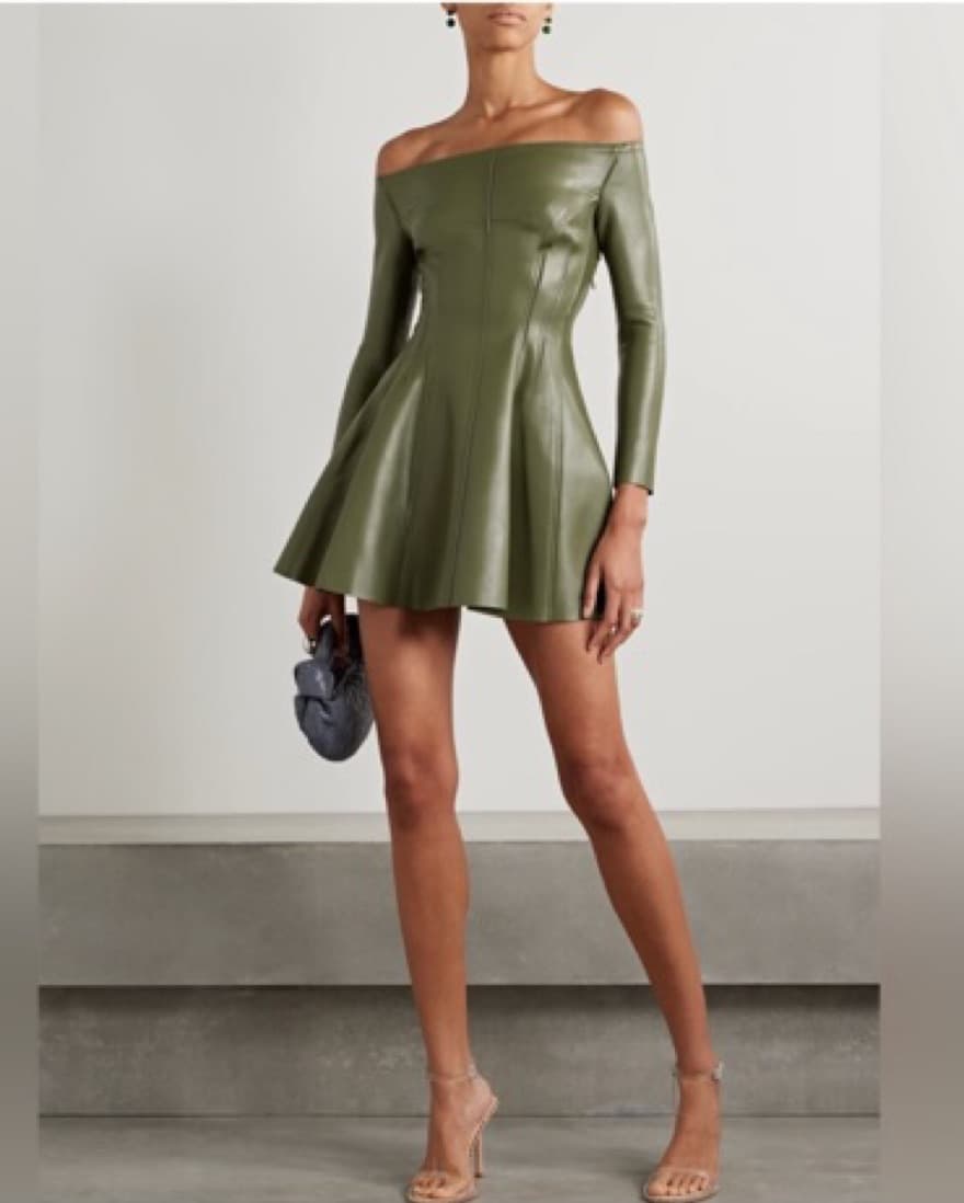 Olive Green Vegan Leather Off-Shoulder Mini Dress - Image 1