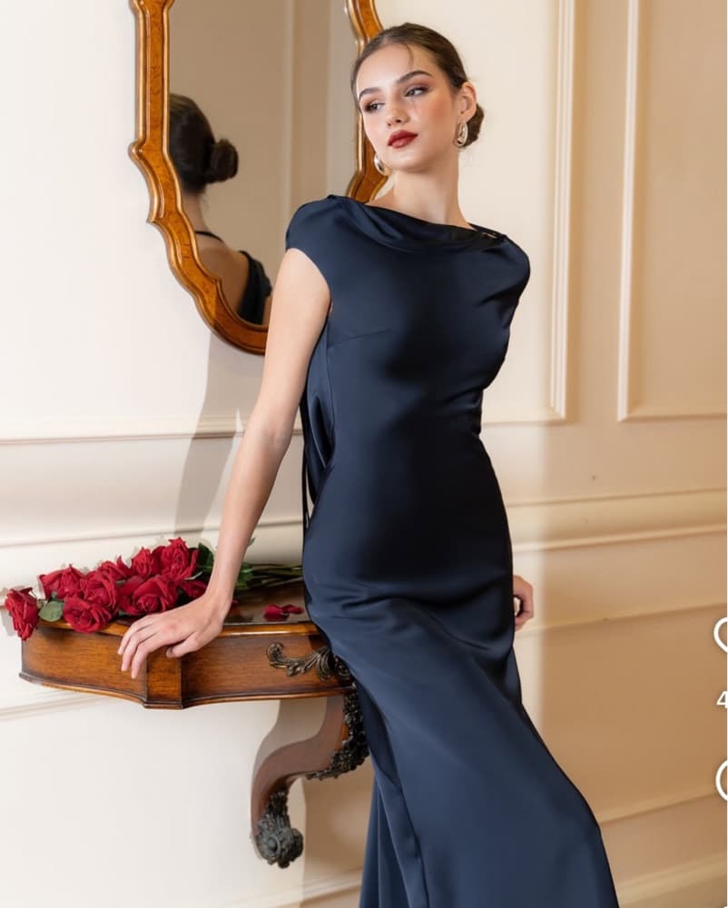 Navy Blue Satin Open Back Dress - Image 3