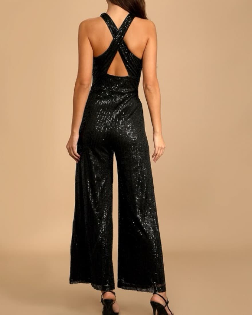 Black Sequin Cutout Halter Jumpsuit  - Image 3