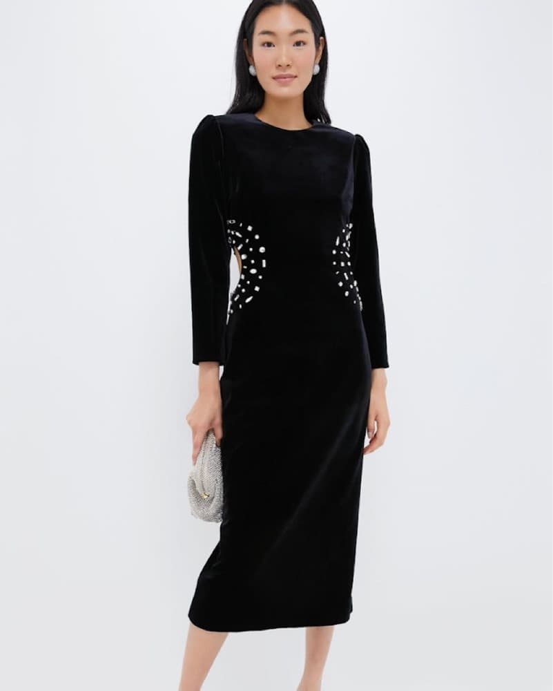 Black Embellished Velvet Midi Dress - Image 1