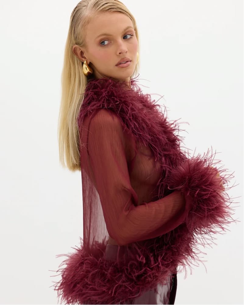 Gigi Sheer Feather Blouse Cherry - S - Image 3