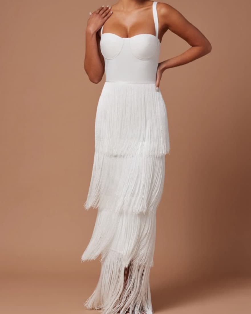 Stunning Fringed White Maxi Dress for a Night Out - Image 1
