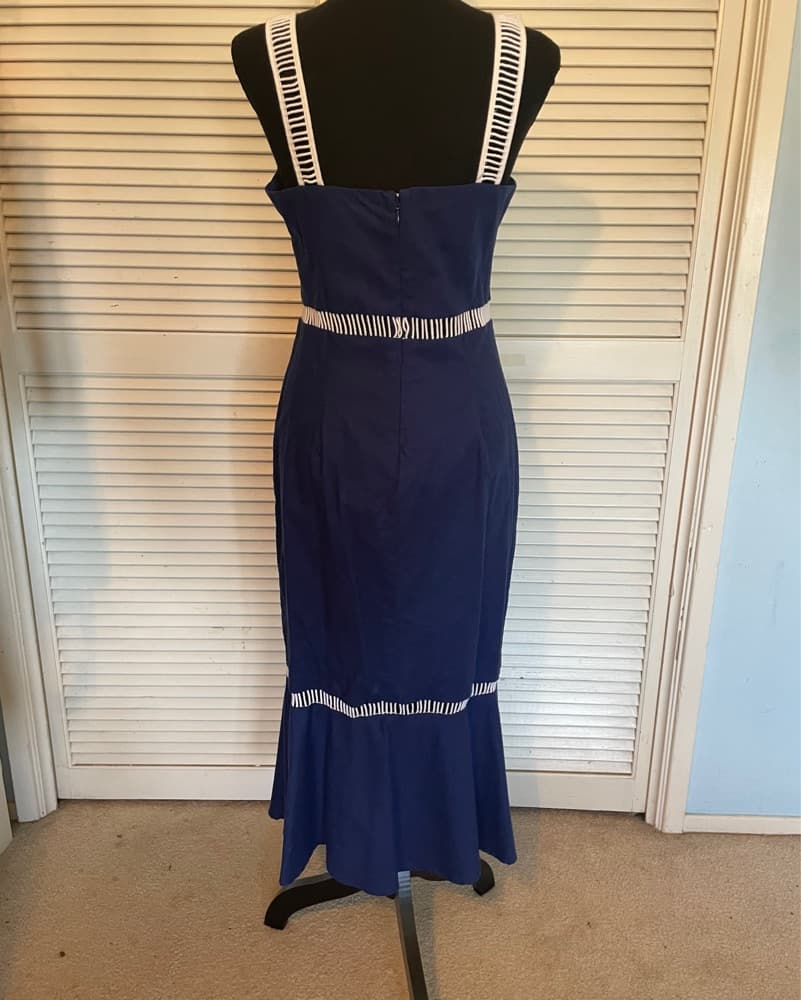 Navy Blue Midi Dress with Striped Trim - Image 3