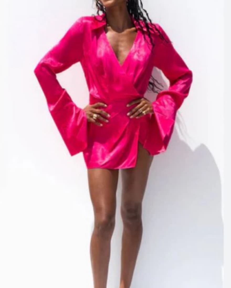 Vibrant Fuchsia Satin Wrap Dress - Image 1