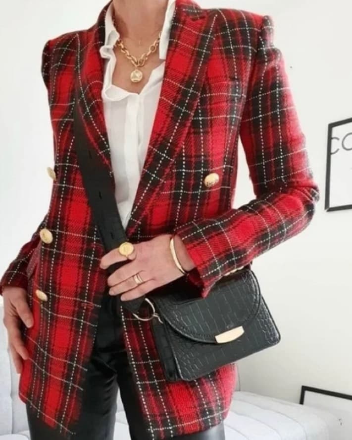 Zara Red and Black Plaid Blazer - Image 5