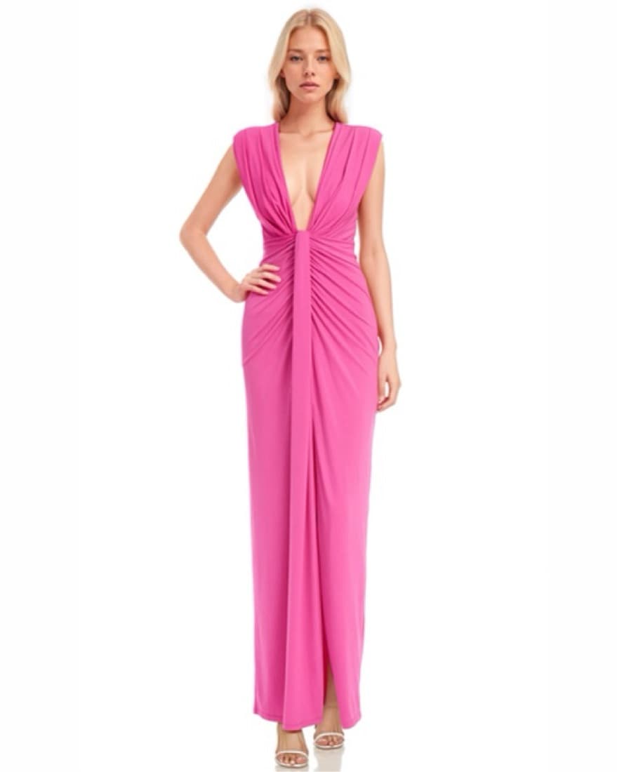 Draped Shirred V-Neck Dress | Pink | XS - Image 1