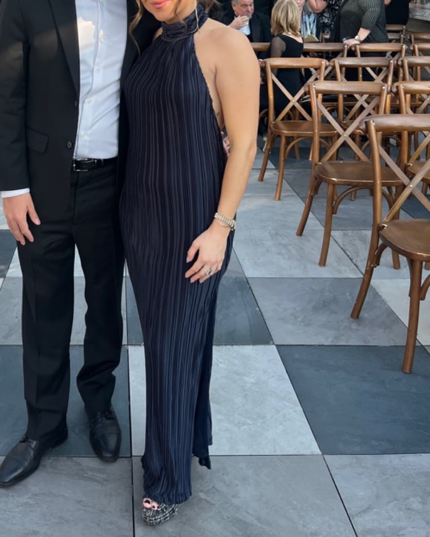 Navy Pleated Halter Maxi Dress - Image 3