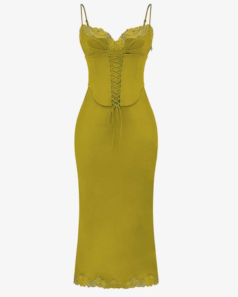 Satin Green Slip Midi Dress With Corset - Image 5