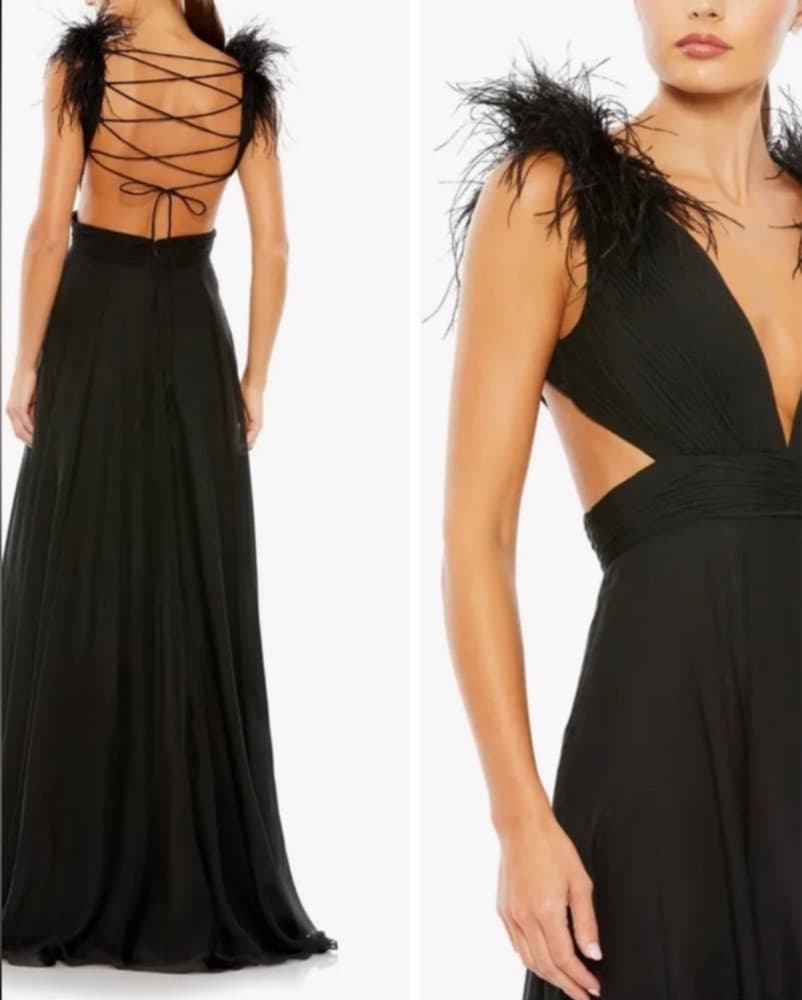 Feather Trim, Plunge Neck, Black Gown - Image 2
