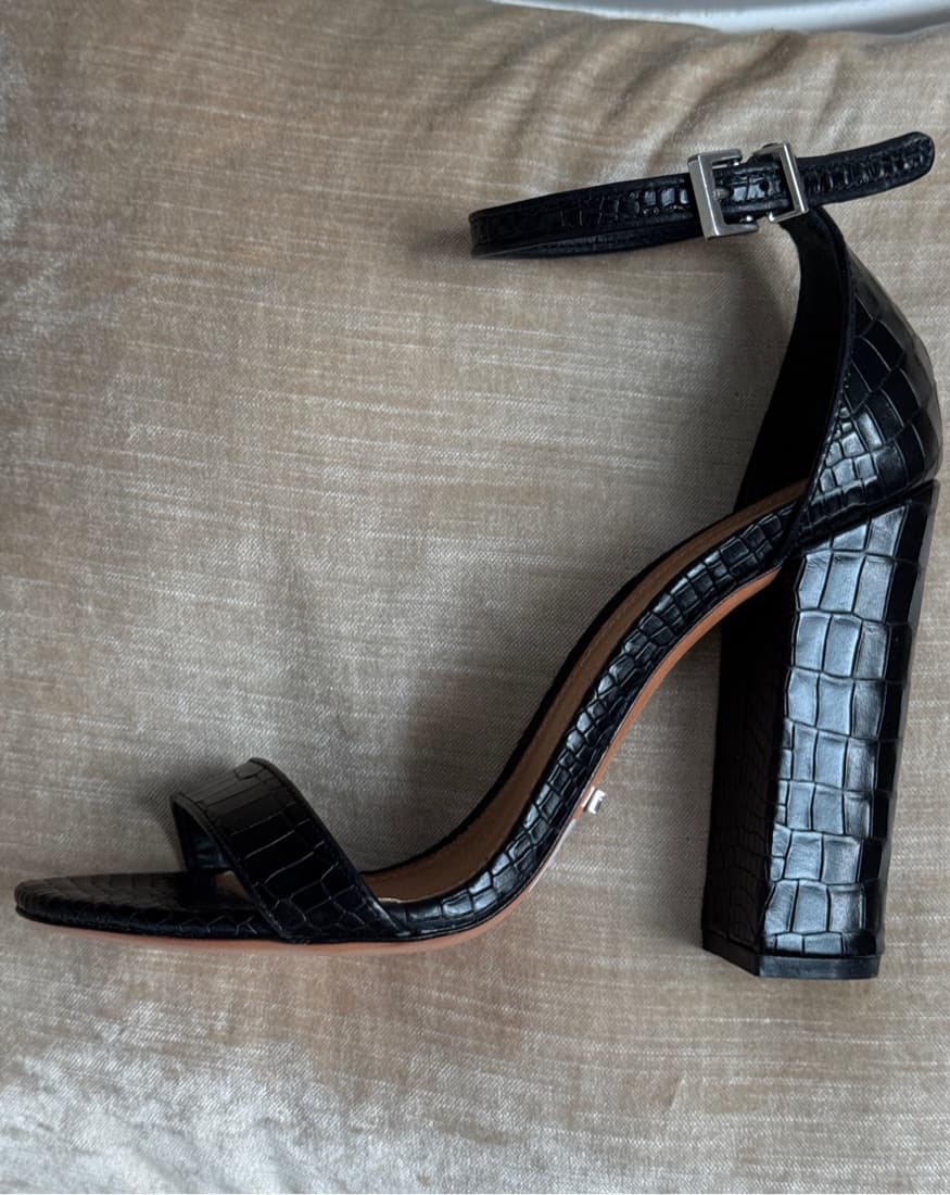 Sleek Croc-Embossed Ankle Strap Heels - Image 1