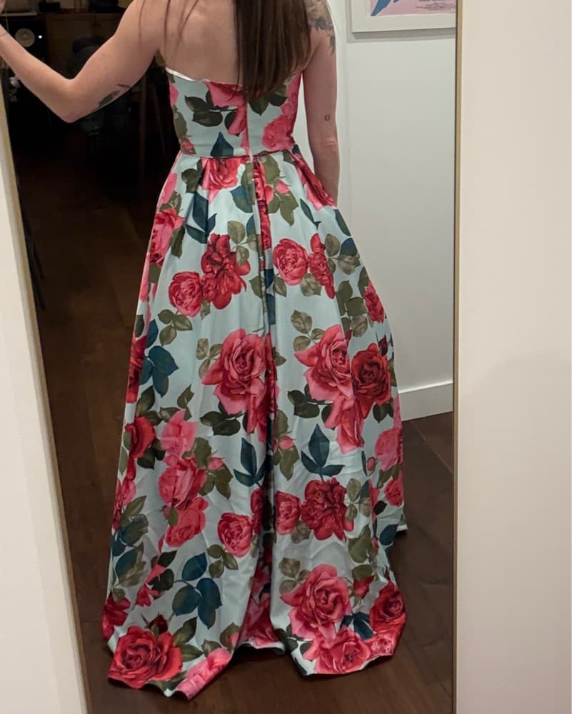 Betsy & Adam Strapless Rose Print Gown - Image 4