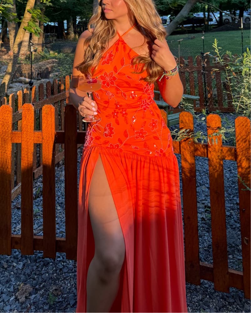 Orange Beaded Floral Halter Maxi Dress - Image 3