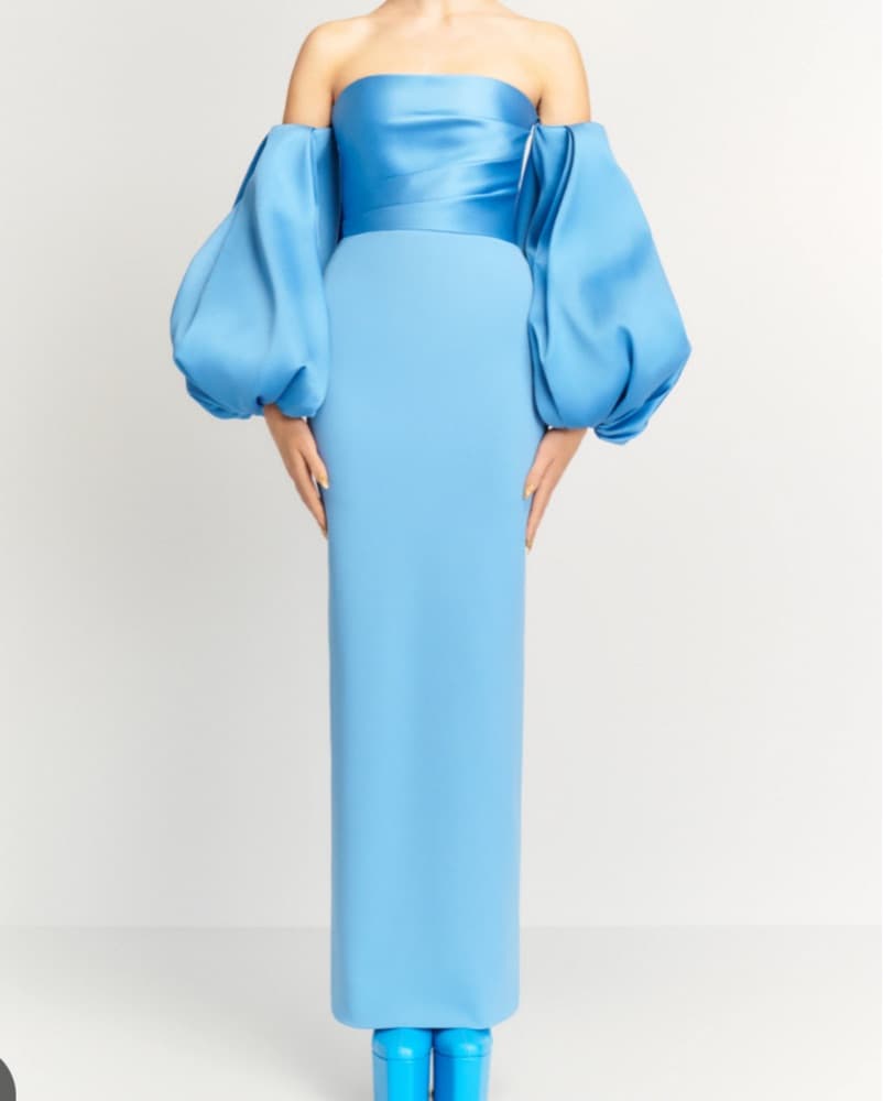 Blue Satin Gown With Puff Sleeves  - Image 3