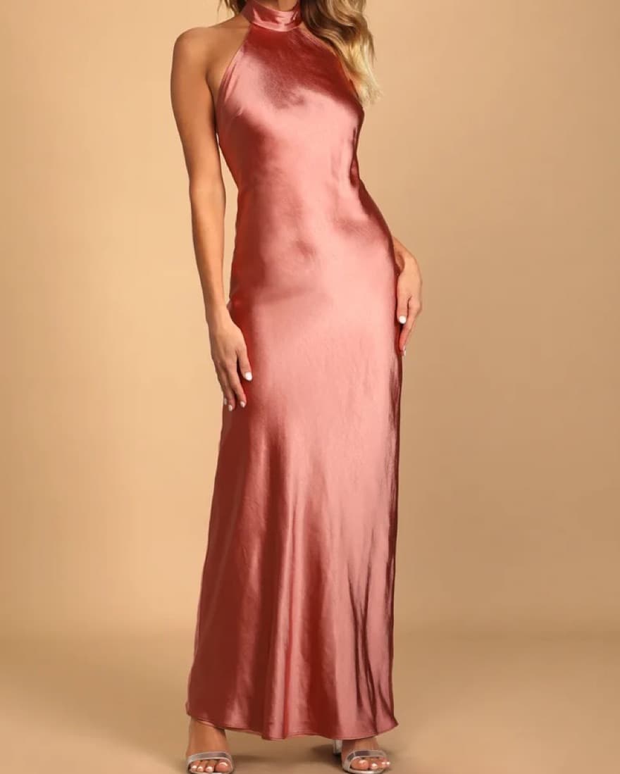 Terracotta Satin HighNeck Backless Dress - Image 1