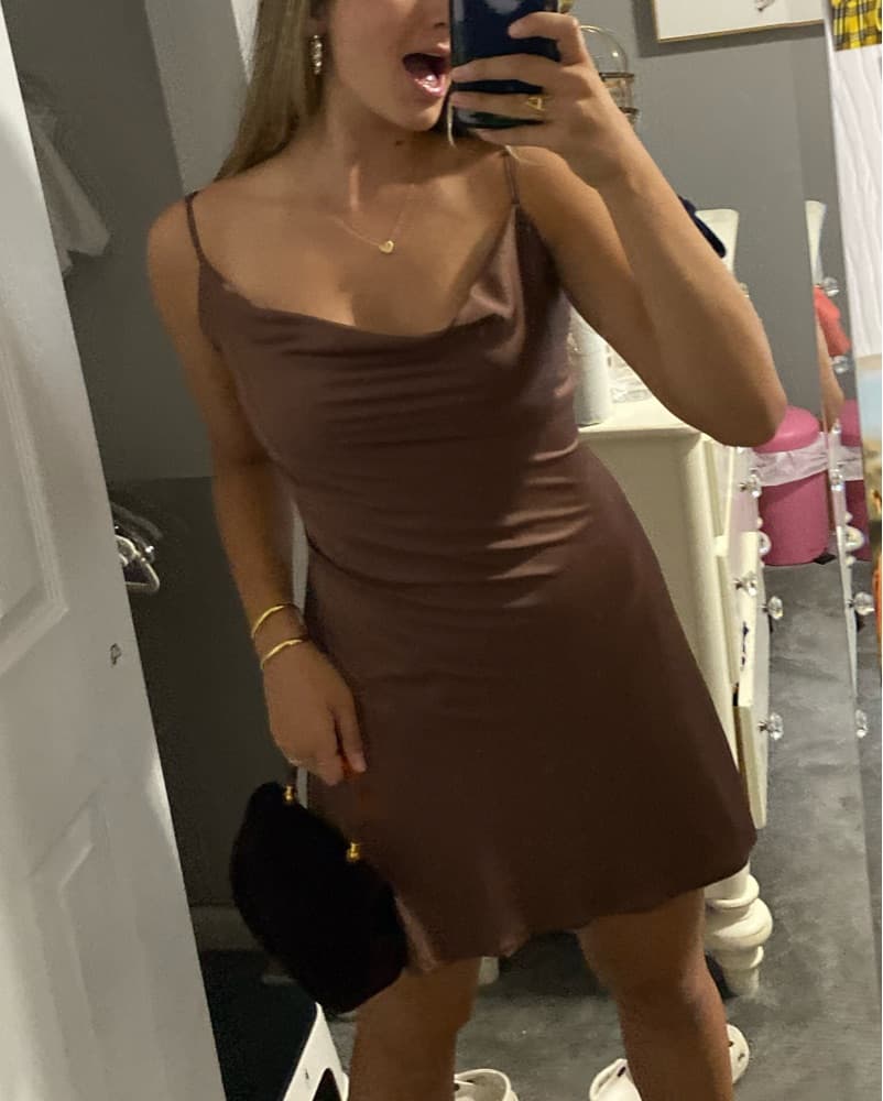brown silk cowl neck dress  - Image 1
