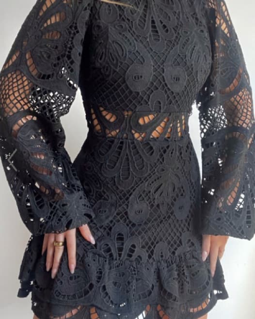 Black Lace Puff Sleeve Dress - Image 1