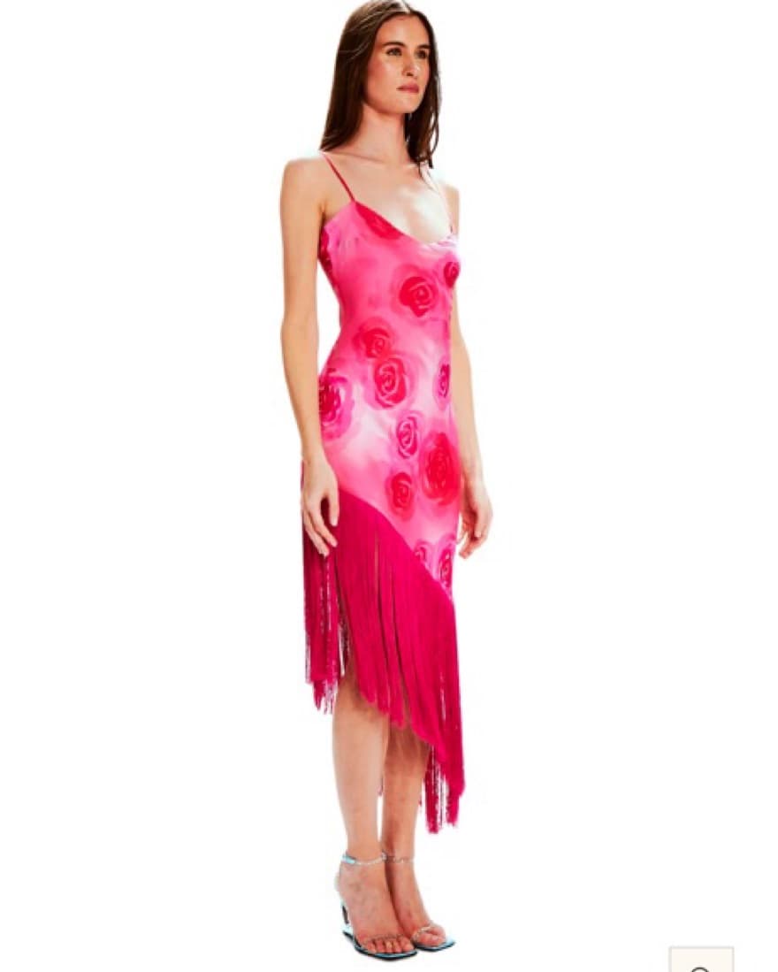 Satin Pink Rose Dress With Fringe - Image 3