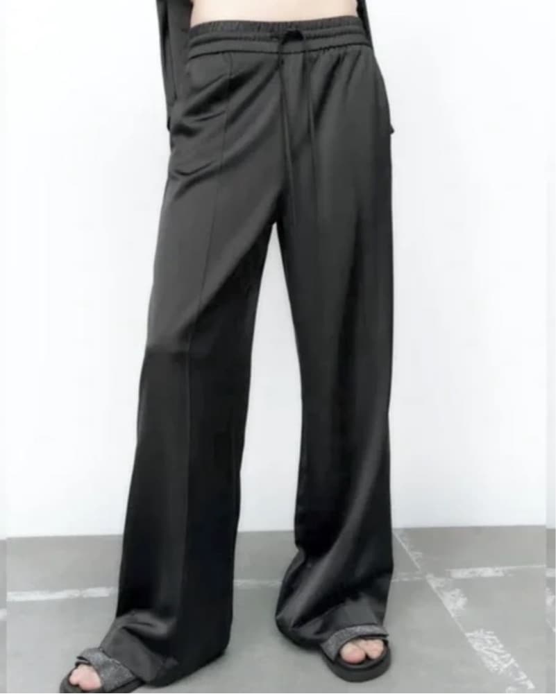 Black Satin Wide-Leg Pants - Image 1