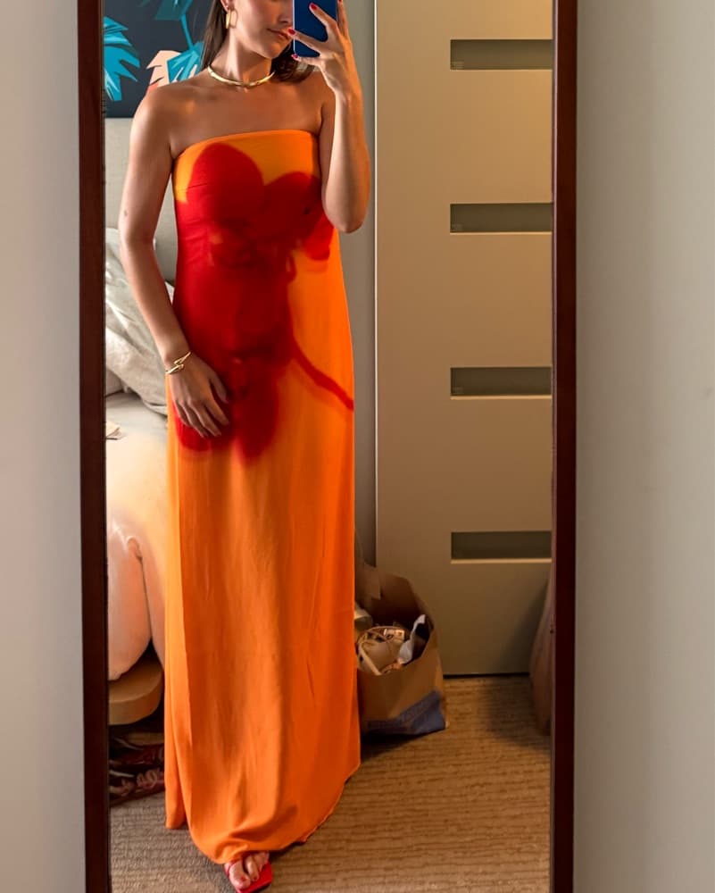 Orange/Red Strapless Chiffon Maxi Dress - Image 1
